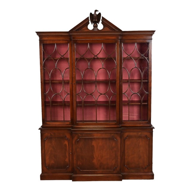 Charak Furniture Georgian Flame Mahogany Breakfront Bookcase Cabinet With Carved Eagle Finial, 1940s For Sale