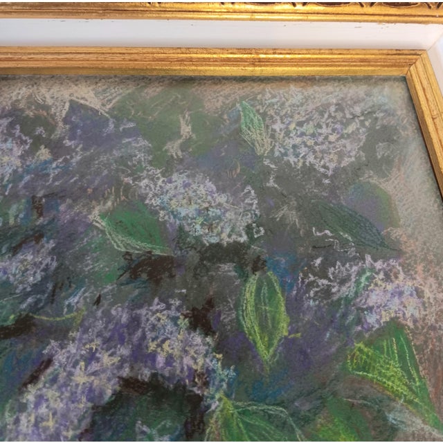 Pastel Floral Painting of Lilacs in Purple Green Gold & White Frame 17" X 14" For Sale In Austin - Image 6 of 12