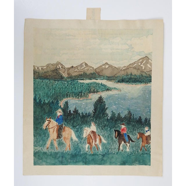 Rustic 1940s Outsider Folk Art Horses Riders in Mountain Landscape Painting For Sale - Image 3 of 3