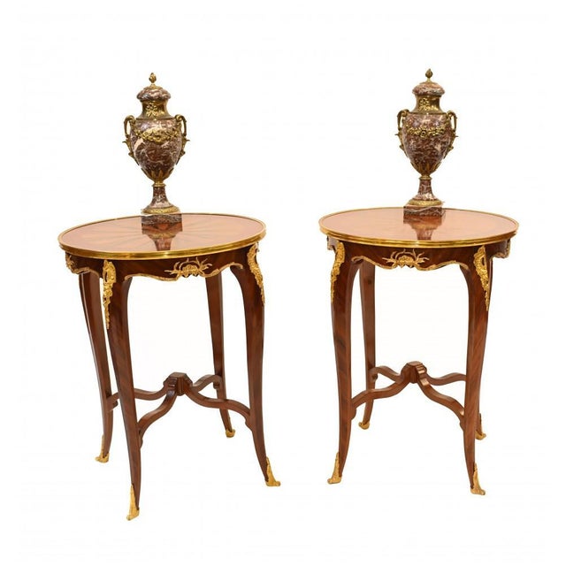 Sumptuous pair of French side tables in the Empire manner Original ormolu fixtures, great as a pair of lamp tables Great...