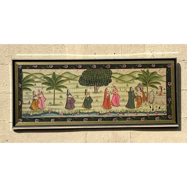 Wood Vintage Boho Pishwaa Painting on Silk For Sale - Image 7 of 9