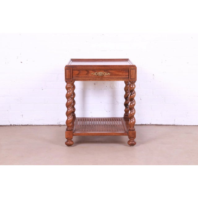English 1970s Baker Furniture English Barley Twist Oak, Burl - and Cane Tea Table For Sale - Image 3 of 13