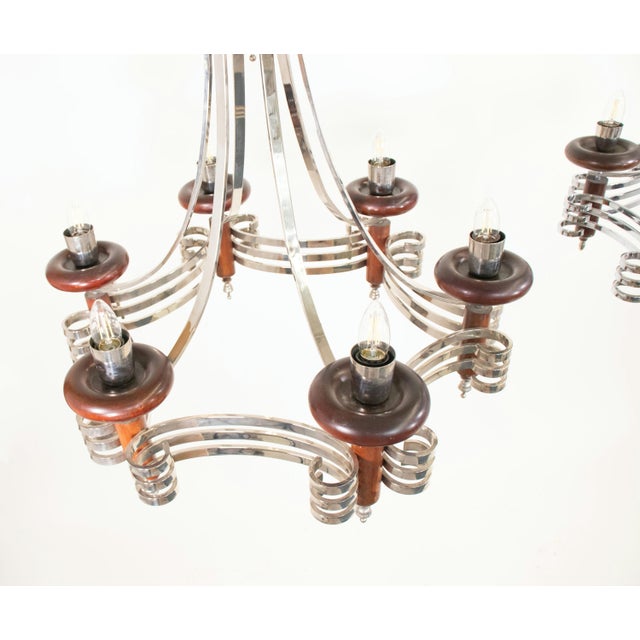 Pair of Mid-Century Italian Chrome and Wood Chandeliers For Sale - Image 11 of 12