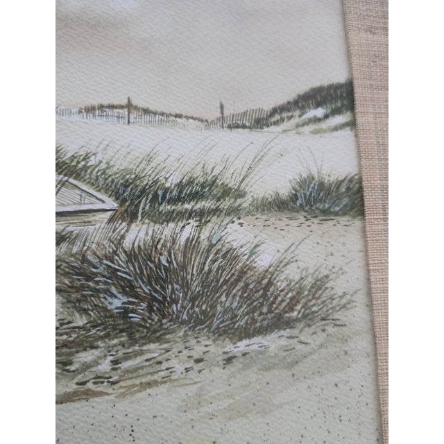 Wood Mid 20th Century Signed Vintage Coastal Landscape Seascape Watercolor Painting With Beached Rowboat For Sale - Image 7 of 14