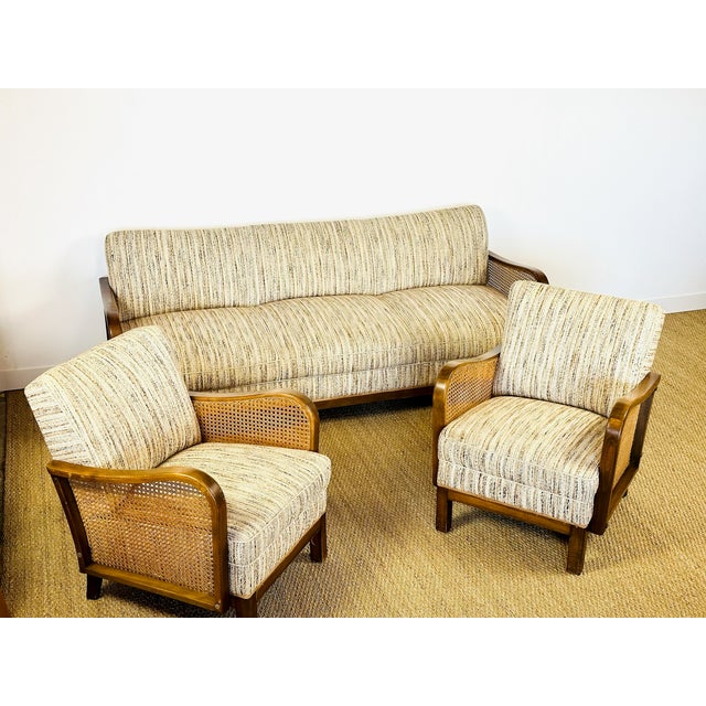 Art Deco Living Room Set in Curved Wood, Tweed and Cane, 1950s, Set of 3 For Sale - Image 4 of 18