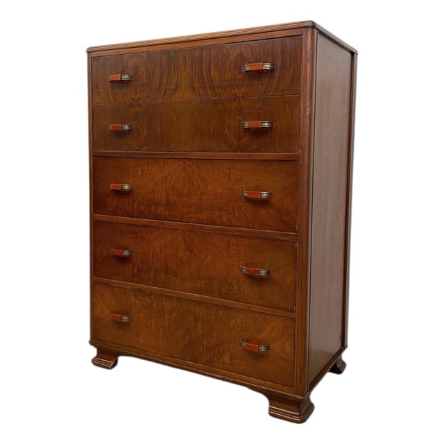 1970s Vintage Art Deco Highboy Dresser With Waterfall Front and Bakelite Style Handles For Sale