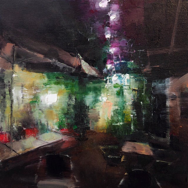 Cafe Uf in Vigo, Spain I by Heiko Mattausch | Oil Painting of an abstract café interior For Sale