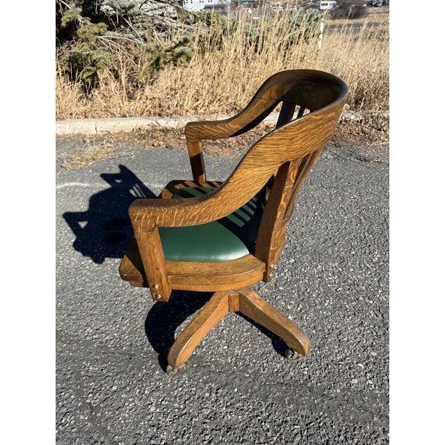 Antique Oak Bankers Chair With Hunters Green Seat For Sale - Image 4 of 12