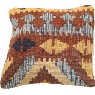 Arteverk Handwoven Afghan Kilim Pillow — Red & Blue Zigzag Diamonds For Sale