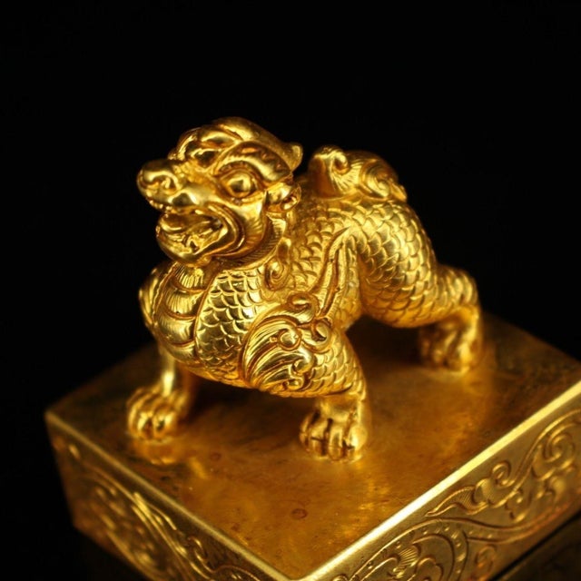 Traditional Late 19th Century Gilt Bronze Qilin Seal Stamp, Mythical Beast Figure, 650g For Sale - Image 3 of 8