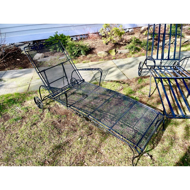 Mid Century Black Cast Iron and Woodard Wrought Iron Chaise Lounges
