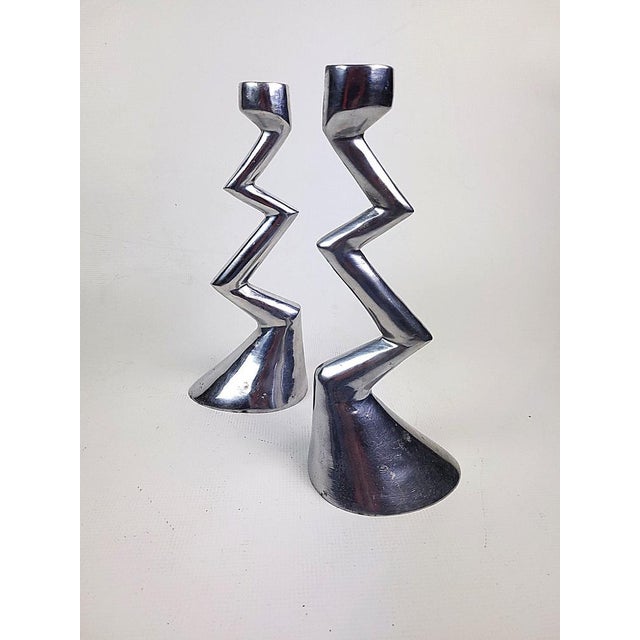 Silver Zig Zag Candlesticks by Matthew Hilton for SCP England, 1980s, Set of 2 For Sale - Image 8 of 15