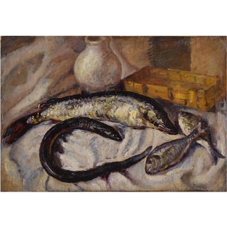 Still Life with Fishes, 1935, Oil Painting on Wood For Sale