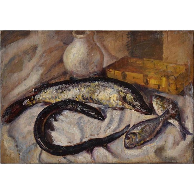 Still Life with Fishes, 1935, Oil Painting on Wood For Sale