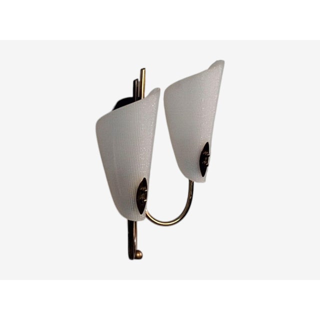 1950s Swedish Modern, Double Wall Sconce, Brass, Textured Glass For Sale - Image 9 of 10