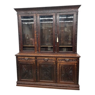 19th Century English Carved Oak Library Bookcase For Sale