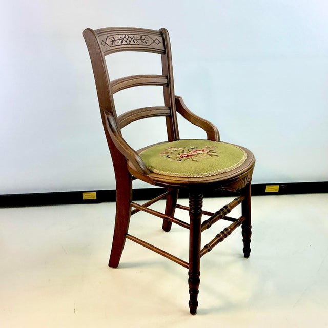 Wood Early 1900s Antique Americana Folk Art Farmhouse Carved Walnut & Needlepoint Side Chair For Sale - Image 7 of 16