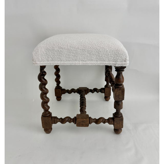 19th C French Louis XIII Style Walnut Stool W/ New Boucle Textile For Sale - Image 11 of 15