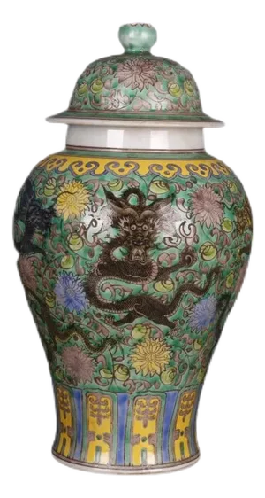 Antique Chinese Ceramic Pot Qing Dynasty Kangxi Marked Green Ground Famille Rose Porcelain Ginger Jar Hand Painted Dragon Pattern