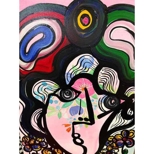Textile 1970s Peter Keil Original Abstract Woman With Flowers Canvas Painting For Sale - Image 7 of 8
