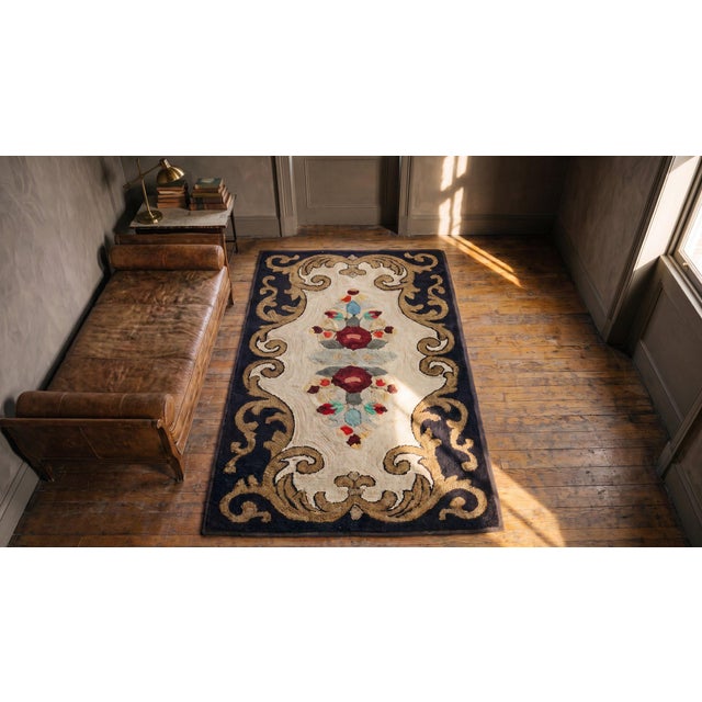 Sublime Tan Beige Color With Beautiful Flower Design Antique American Hooked Rug For Sale - Image 12 of 13