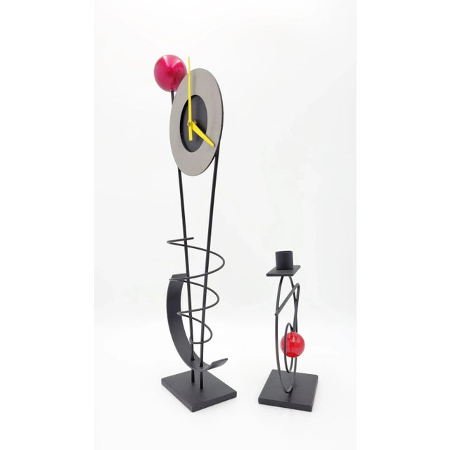 Postmodern Rick Martin Modern Memphis Pop Art Steel Clock & Candleholder Sculpture Set For Sale - Image 3 of 14