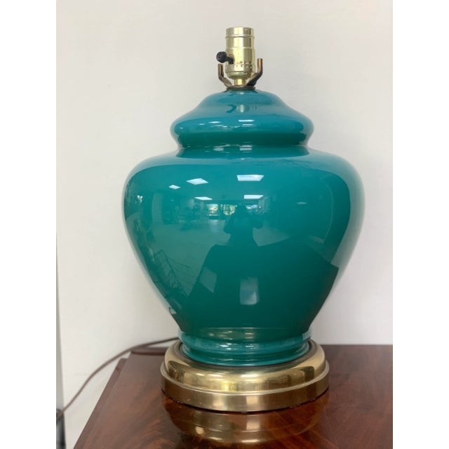 Vintage Teal & Brass Glass Lamp For Sale In Phoenix - Image 6 of 6