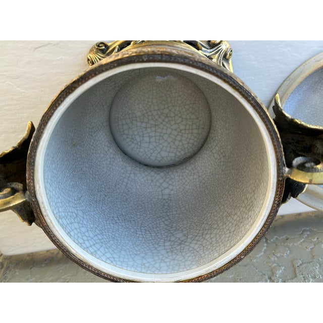 Vintage Early-Mid 20th Century Hand Painted White, Blue & Gold Porcelain and Brass Urn With Lid For Sale - Image 12 of 12