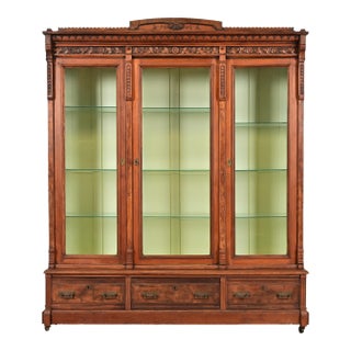 Herter Brothers Style Antique Eastlake Victorian Carved Walnut Triple Bookcase or Display Cabinet, Circa 1880s For Sale