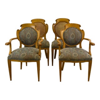 1950s Vintage Louis XVI Style Country French Provincial Solid Oak Cane & Upholstery Back Fluted Legs Chairs - Set of 4 For Sale