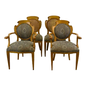 1950s Vintage Louis XVI Style Country French Provincial Solid Oak Cane & Upholstery Back Fluted Legs Chairs - Set of 4