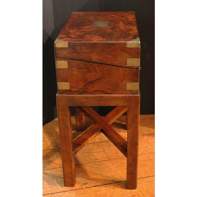 English circa 1860 lap desk box on custom made side table stand. Highly figured burl walnut and secondary wood. Brass...