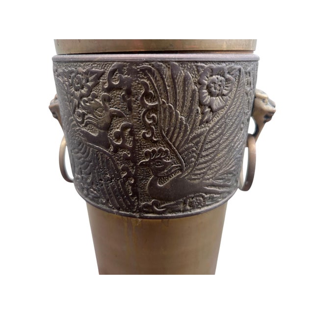 Metal Mid 20th Century Chinese Brass Vase or Umbrella Holder For Sale - Image 7 of 16