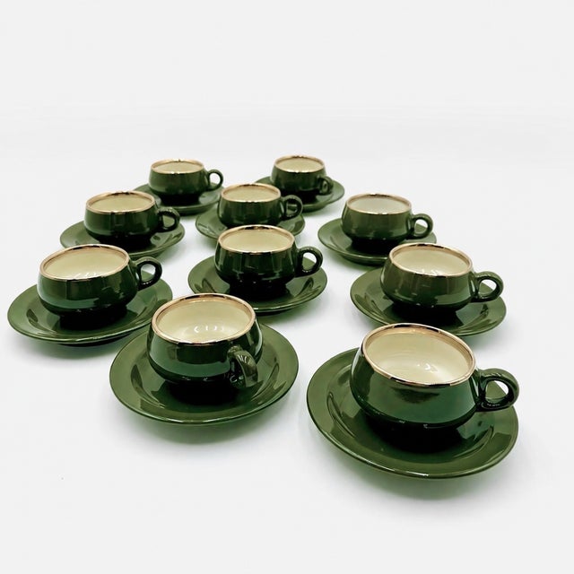 Empire Green Espresso Cups with Gold Trim by Helvetia Express, 1970s, Set of 10 For Sale - Image 6 of 9