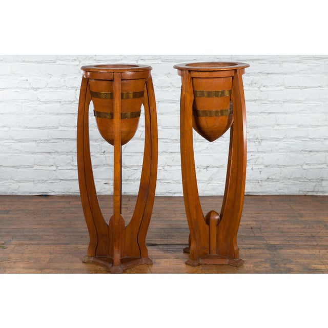 Mid 20th Century Mid 20th Century Javanese Art Deco Style Teak Wood & Brass Brace Plant Stands - A Pair For Sale - Image 5 of 13