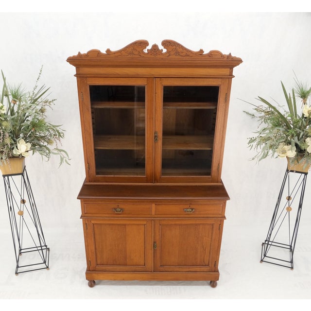 All Solid Teak Asian 1940s Carved Two Part Cupboard Hutch Breakfront For Sale - Image 6 of 12