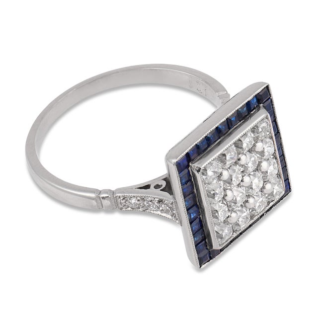 Contemporary Art Deco Inspired Diamond Sapphire Platinum Dinner Ring, Size 7 For Sale - Image 3 of 4