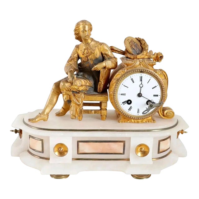French Philippe H. Mourey Napoleon III Gilt Bronze and Alabaster Figural Mantel Clock For Sale