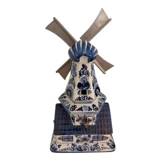 Vintage Delft Blue Dutch Windmill Working Music Box | Hand-Painted Ceramic | Made in Holland | Pewter Sails For Sale