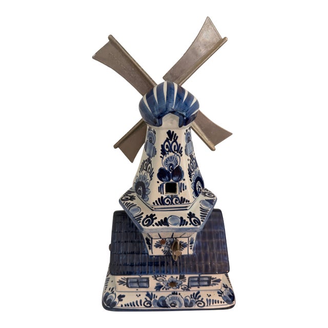 Vintage Delft Blue Dutch Windmill Working Music Box | Hand-Painted Ceramic | Made in Holland | Pewter Sails For Sale