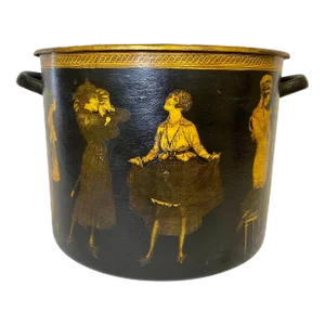 Large Black Antique Two Handled Wood Holder/ Pot Decoupaged With Vintage Stylish Parisian Women, Found in Southern England - Circa Late 19th Century