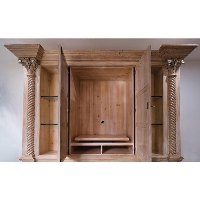 2000 - 2009 Monumental William Switzer Hand-Carved Bleached Pine Neoclassical Entertainment Armoire For Sale - Image 5 of 12