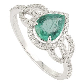 Art Deco Pear Emerald & Diamond Halo Engagement Ring in 14k White Gold Size 7 For Sale