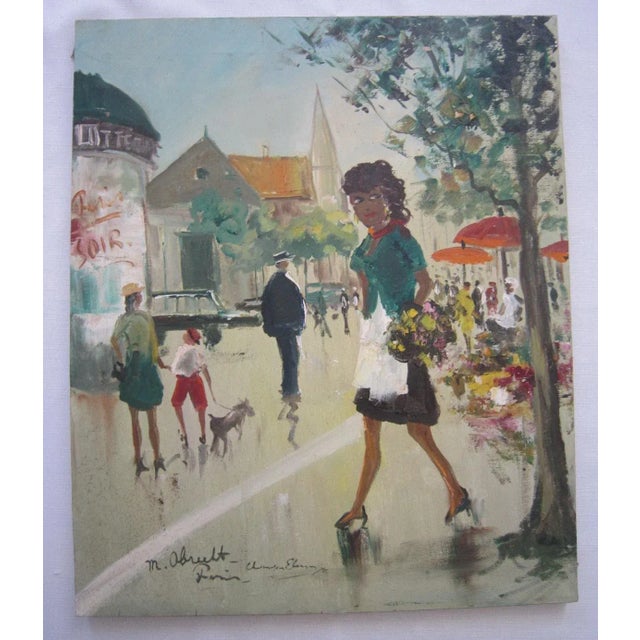 Charming Mid Century painting of a woman on the Champs Elysees. Sigmed "M. Abrect" on the lower left hand side. It...