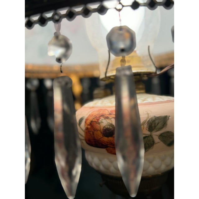 Ivory Antique Victorian Floral Painted Glass & Brass Hanging Chandelier With Crystal Prisms For Sale - Image 8 of 16