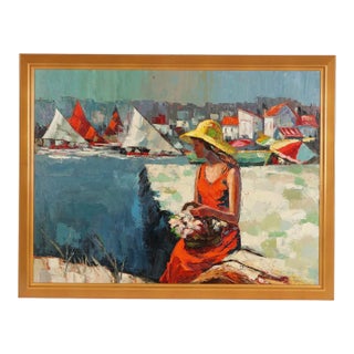 Mid Century Modern Beach Scene Oil Painting by M. Morgan For Sale
