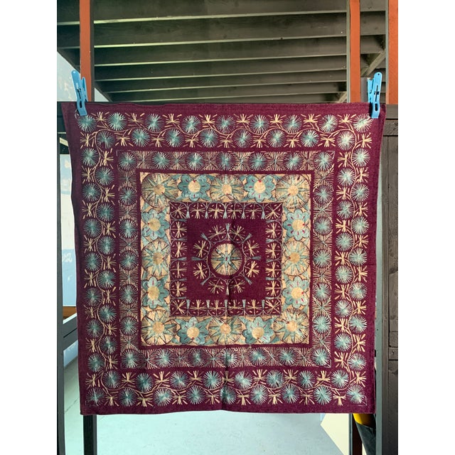 Vintage Indian Embroidered Wool Textile Wall Art – 32” X 31” For Sale - Image 4 of 13