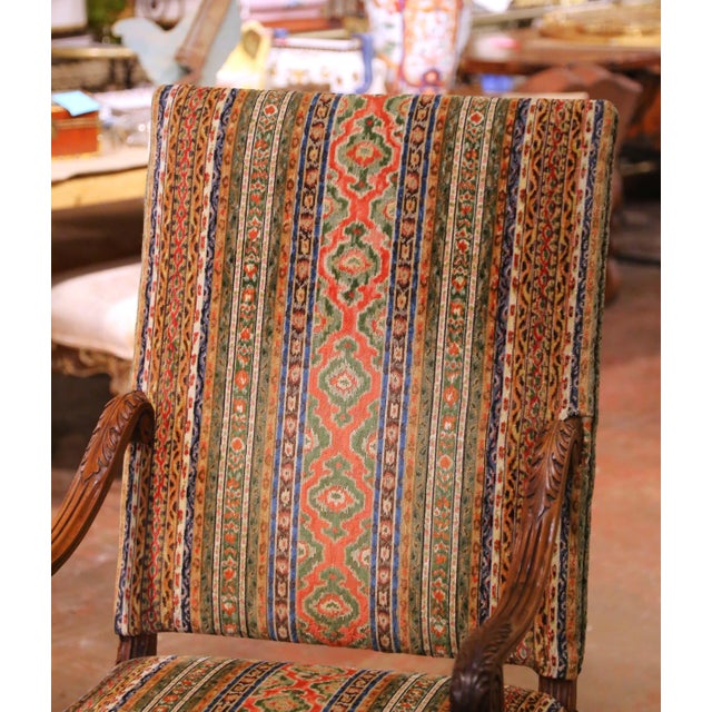 French Pair of 19th Century French Louis XIII Walnut Armchairs With Stripe Motifs For Sale - Image 3 of 11