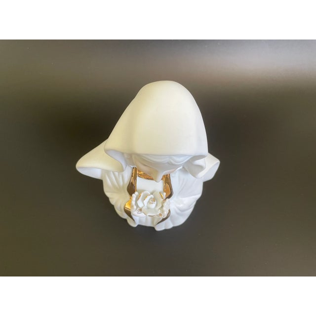 Late 20th Century Vintage Gold Gild Bisque Porcelain Madonna Virgin Mary Holding Rose Bust Figurine For Sale - Image 5 of 13