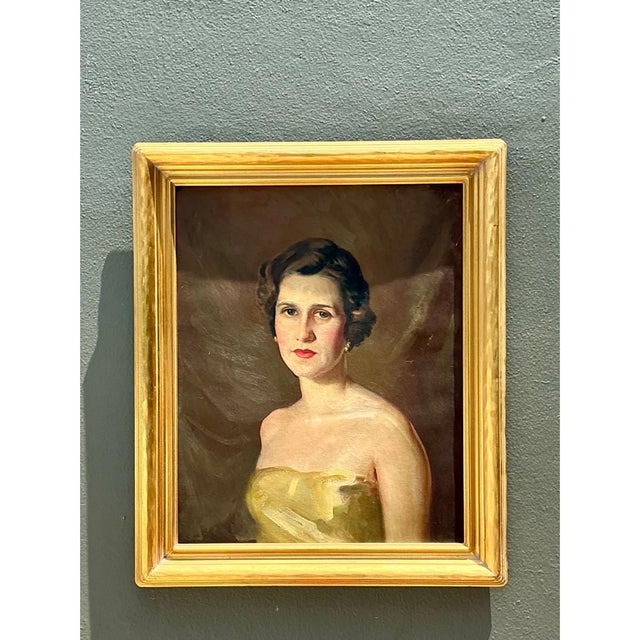 Vintage Oil Portrait of Woman in Gold Dress For Sale - Image 11 of 18